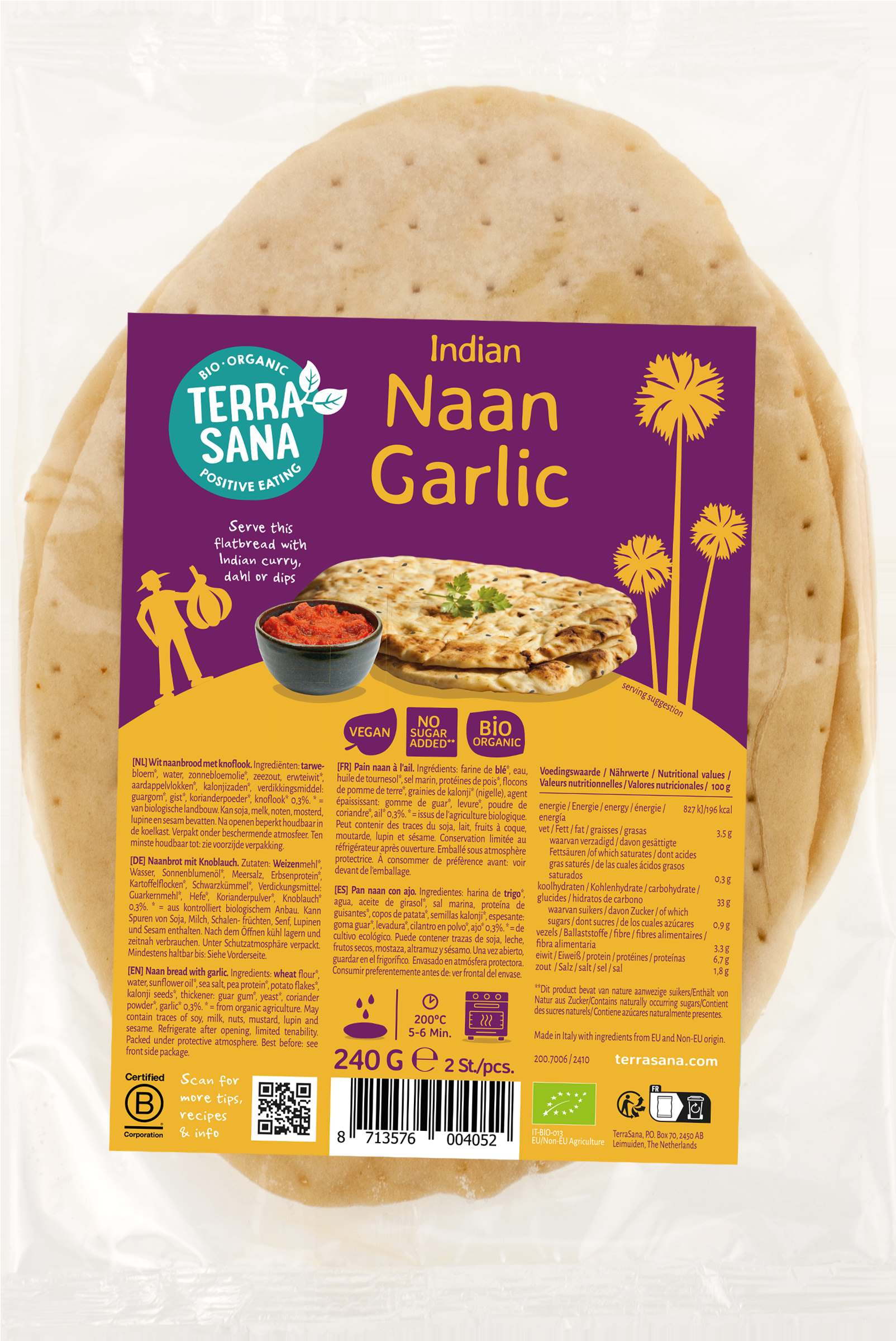 Terrasana Pain naan à l'ail bio 240g