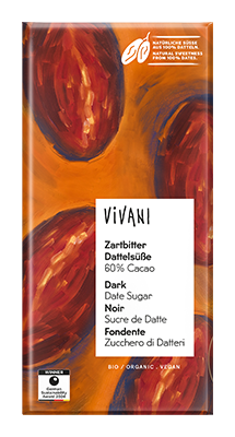 Vivani Chocolade puur 60% gezoet met dadelsuiker bio 80g